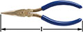 A pair of needle nose pliers with side cutter and blue handles is shown horizontally. The pliers are closed with wide curved handles. There is a double-headed arrow beneath them, indicating length.